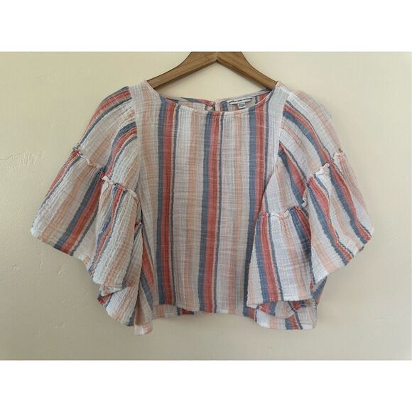 American Eagle Red White Blue Flutter Sleeve Gauze Shirt Size Small - Picture 2 of 4